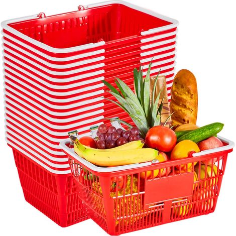 Panier de courses, 20 pièces, 21L, en PE empilable, avec poignées, structure en maille dense, capacité 9,07 kg, usage supermarché, magasin, maison, rouge. (1/5)