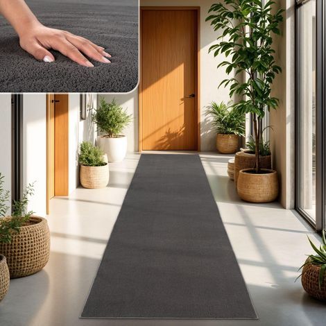 anthrazitfarbener Kurzflorteppich 80x300 cm, modernes Polyester, Wohnzimmer (1/5)