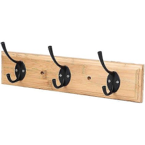 Porte-manteau mural en bois, finition bambou, 3 crochets, structure métallique noire résistante, gain de place, compatible avec vêtements, chapeaux, sacs, rangement d'entrée. (1/5)