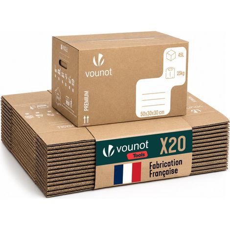 VOUNOT® Lot de 20 Cartons de déménagement 50x30x30cm stockage 45L - Fabriqué en France - Carton de rangement renforcé 25kg (1/5)
