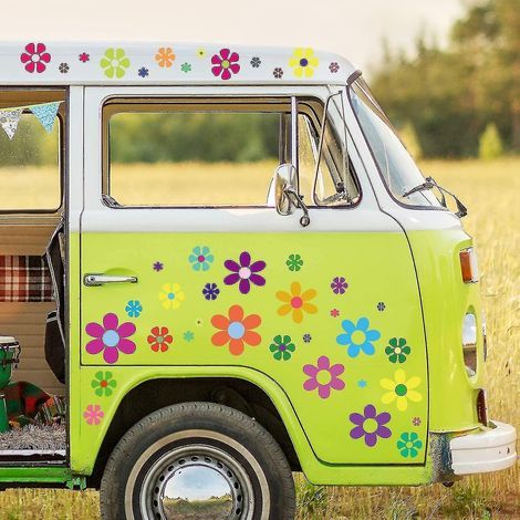 96 autocollants de fleurs pour voiture, thème hippie années 60, autocollants marguerites multicolores, autocollants rétro en vinyle, fleurs colorées, autocollants hippies. (1/5)