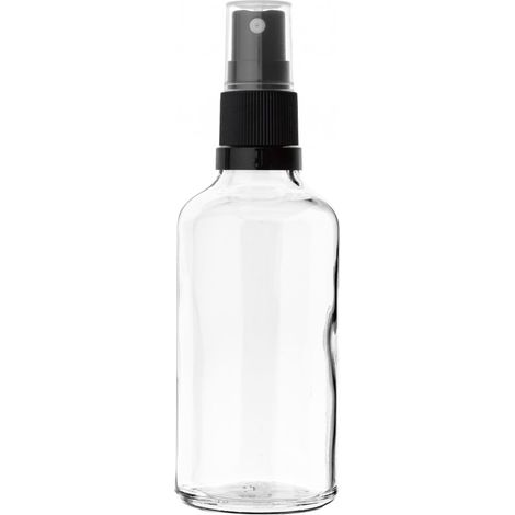 Frasco de vidrio incoloro de 100 ml con atomizador negro, rosca 18/415. (1/4)