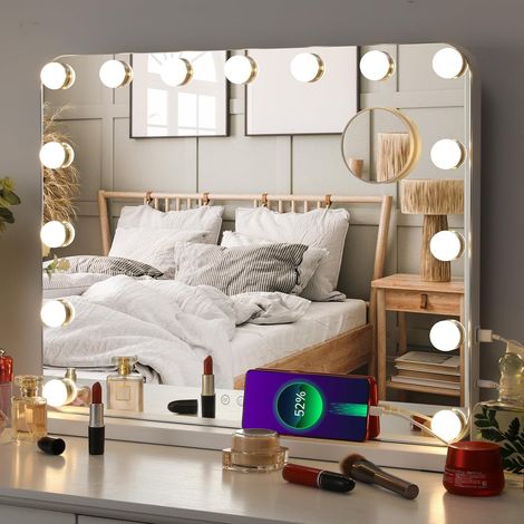 Hollywood-Schminkspiegel mit Beleuchtung, 58 x 46 cm, Kosmetikspiegel mit Beleuchtung, 15 LEDs, 3 Farben, Schminktischspiegel, USB-Anschluss (1/5)