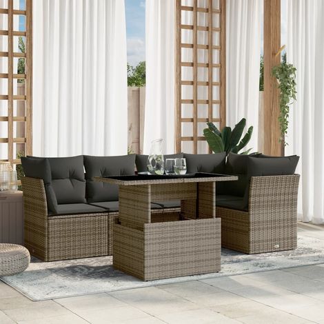 Salon de Jardin 6 Pièces en Résine Tressée Gris avec Table Réglable et Coussins Confortables Ensemble Modulaire pour Terrasse et Jardin (1/5)