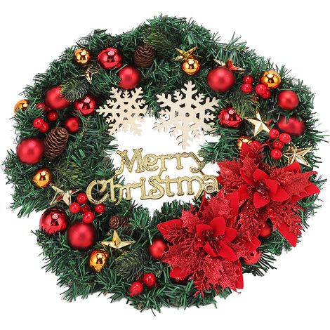 Couronne de Noël enneigée avec pommes de pin et boules de Noël pour décorations de fêtes intérieures et extérieures (1/5)