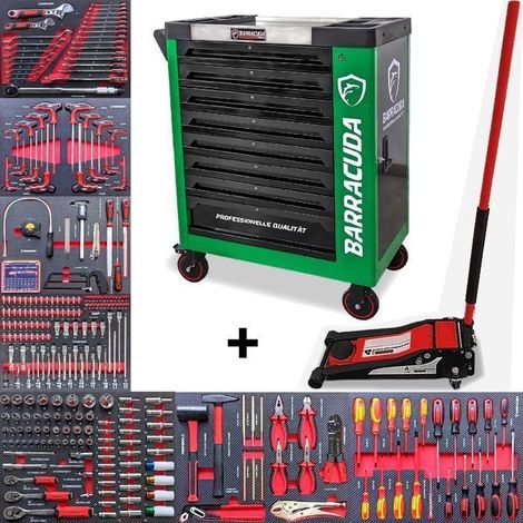 Werkstattwerkbank - BARRACUDA TOOLS - Rock PRO+ - 8 Schubladen - Hydraulikheber 4T - Grüner Stahl