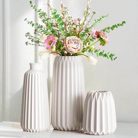 Vase décoratif en céramique blanche côtelée (3 pièces) - Centre de table, décoration d'intérieur, style nordique (L : hauteur 20 cm) (1/5)