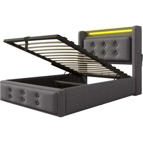 Cama tapizada 90x200 cm gris con cabecero LED y puertos USB-C, metal y madera HOMVRA (1/5)