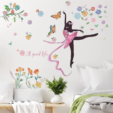 Wandtattoo für Kinderzimmer mit tanzender Silhouette und Schmetterlingsblumen – Abnehmbares Wandtattoo – Dekoration für Babyzimmer, Spielzimmer und Wohnzimmer
