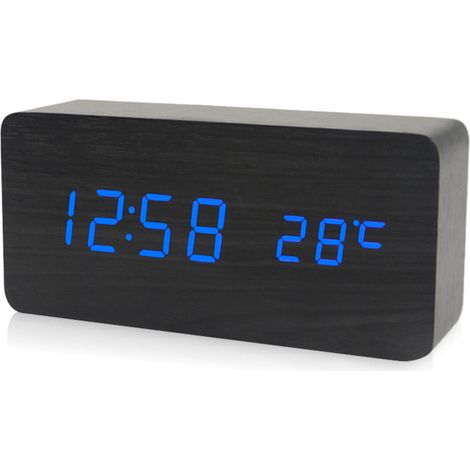 Reloj despertador electrónico LED de madera, con pantalla de hora, temperatura y fecha, 3 niveles de brillo, control por voz y alimentación USB/pilas – Negro