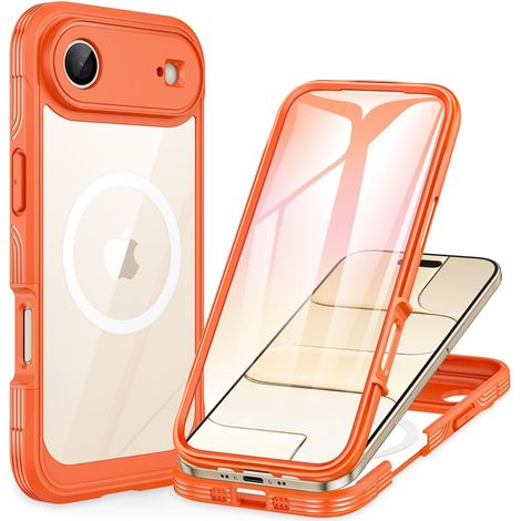 Magnétique Coque iPhone 17 Air [Compatible avec MagSafe] intégré 9H Verre Trempé Protection écran et Protection Caméra, 360° Antichoc Téléphone Housse Double Face Case Intégrale Etui -Orange (1/5)