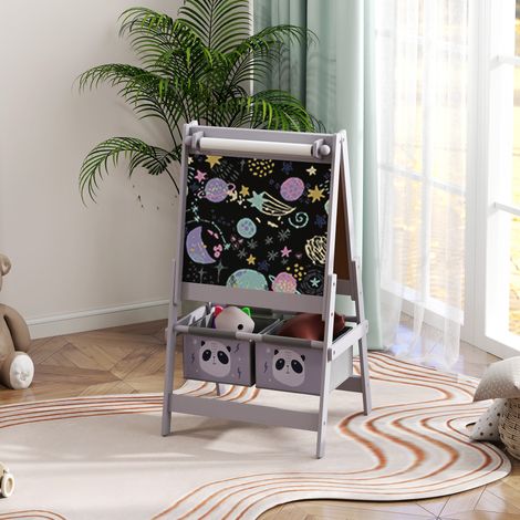 Chevalet dessin enfant double face ardoise craie + rouleau papier, 2 bacs rangement, 54 x 46,5 x 93 cm, gris, idéal atelier créatif (1/5)
