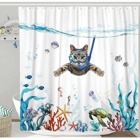 Rideau de Douche 180 x 180 cm Plongée Chat Océan Imprimé Imperméable Rideau de Bain Lavable Anti Tissu Polyester à Séchage Rapide Accessoire de Salle de Bain avec 12 Crochets (1/4)