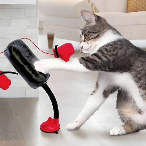 Sac de frappe pour chat avec ventouses, jouet de boxe interactif pour chaton, support flexible avec gants de boxe suspendus, convient aux chats d'intérieur. (1/5)