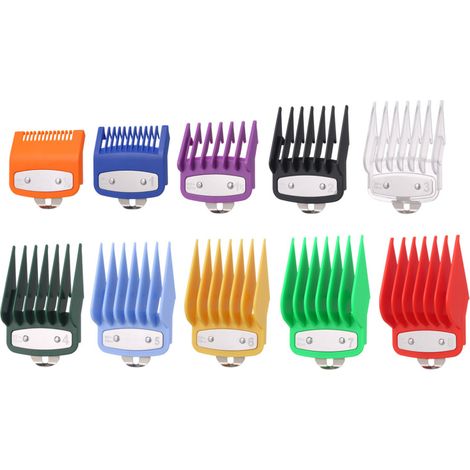 Set mit 10 farbigen Kunststoff-Haarschneideaufsätzen mit Führung und Zubehör für Friseursalons