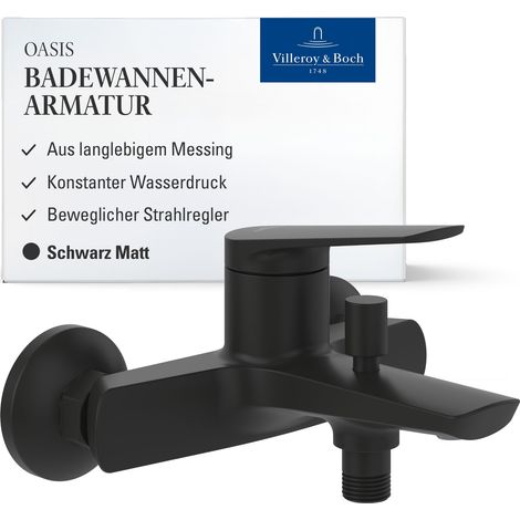 Villeroy & Boch Oasis Badewannenarmatur Aufputz, Wasserhahn Badewanne mit Rückflussschutz und Umstellfunktion, Mischbatterie Badewanne mit beweglichem Strahlregler, rund, Matt Black (1/5)