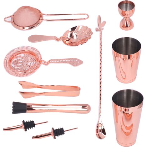 11-teiliges Set bestehend aus Boston-Cocktailshaker, indischem Rührglas, Sieb, Jigger, Löffel und Stößel in Roségold für die Bar. (1/5)