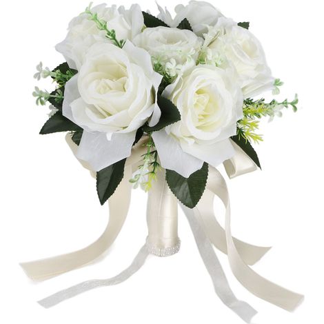 Bouquet de mariée artificiel en soie, roses blanches laiteuses pour tenue de mariée (1/5)