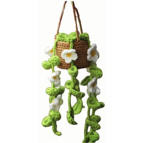 Auto-Anhänger, niedliche gehäkelte Pflanzen-Rückspiegel-Deko, handgestrickt, Spiegelaufhänger, Auto-Innenausstattung, zur Verwendung an Auto-Rückspiegeln (kleine Blume).