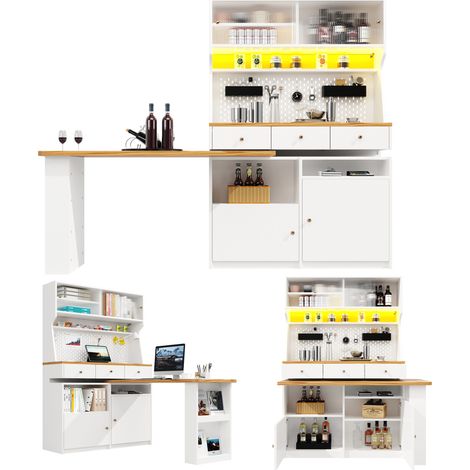 Buffet haut 137 x 45 x 178 cm Armoire cuisine polyvalente avec bureau intégré et rangements - 2 portes et 3 tiroirs - blanc (1/5)