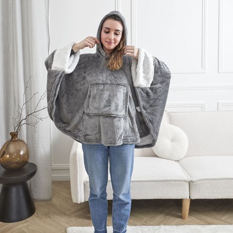 Poncho Plaid - HOME DECO FACTORY - Confortable - Doux - Gris (1/2)