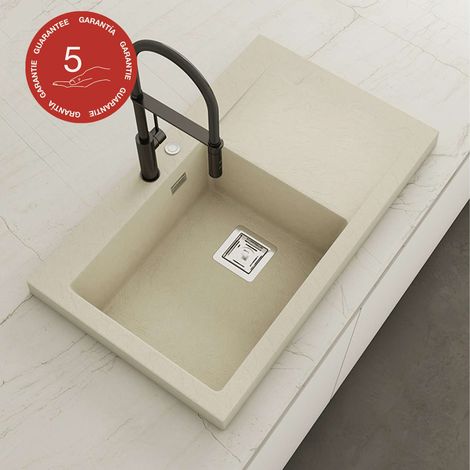 Evier à encastrer POALGI, KOBUS 813, Granit, Beige Pumice, 86 cm, 1 bac 1 égouttoir gauche (1/4)
