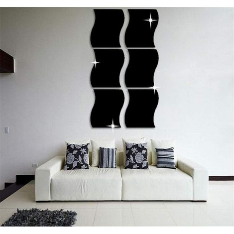 Ensemble de 6 stickers muraux ondulés à effet miroir 3D pour la décoration intérieure : salon, chambre, canapé, TV, murs. Noir.