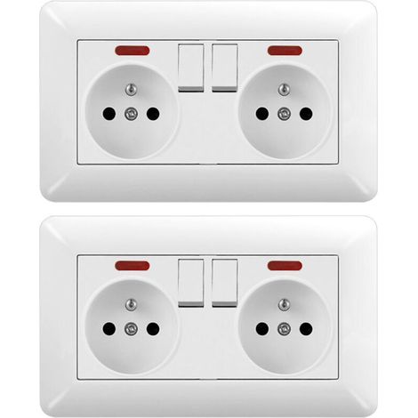 Lot de 2 Prise Murale Double 16A avec 2 Interrupteurs et 2 LED – Prise Électrique Encastrable 240V Norme Française