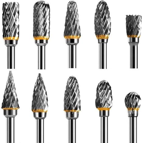 Juego de 10 fresas rotativas de doble filo de acero de carburo de tungsteno para herramientas rotativas, vástago de 1/8", para bricolaje, tallado de madera, pulido de metales, grabado y perforación. (1/5)