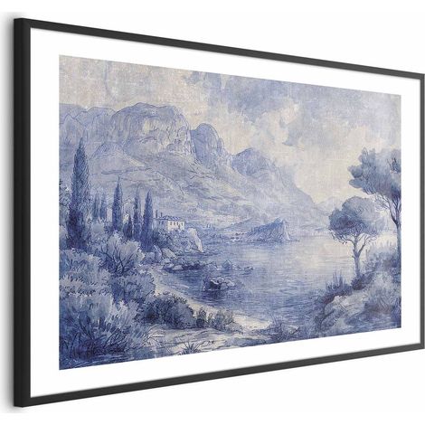 Poster – Blaue Bucht – Italienische Landschaft des Comer Sees, gemalt mit blauer Tinte (1/4)