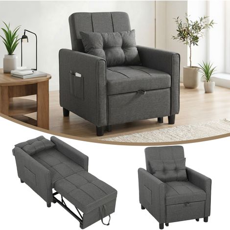 Divano letto singolo 3 in 1 in tessuto effetto lino e legno con schienale reclinabile, 69 x 82 x 85 cm, grigio (1/5)