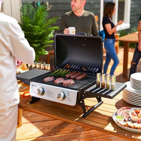 Barbecue gaz table transportable 2 brûleurs 5,6KW camping étagères latérales couvercle, noir