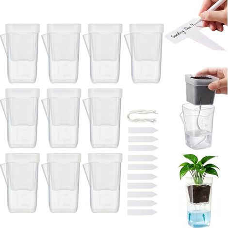 Lot de 10 pots à arrosage automatique - Pots pour semis - Pot à orchidées à arrosage automatique - Pot en plastique transparent - avec étiquettes et indicateur d'arrosage - Système d'arrosage automati (1/5)