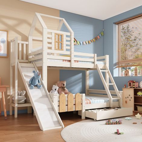 Lit superposé 90x200 & 140x200 cm, Lit Mezzanine avec tiroir, toboggan et échelle, lit enfant avec sommier, design cabane(sans matelas)