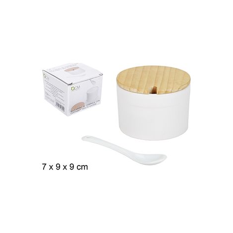 azucarero ceramica blanca redondo con tapa madera 7x9x9 cms alessandro