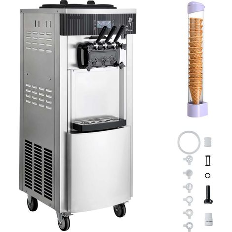Machine à glace professionnelle, rendement 20-28 L/h, 2200 W, turbine à glace italienne 3 parfums sur pied avec 2 cuves de 6 L et brassage, pré-refroidissement et autonettoyage pour boutiques de snack (1/5)