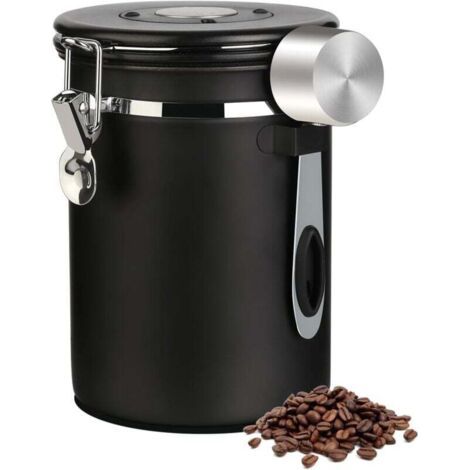 Pair Luftdichte Edelstahl-Kaffeedose (1,8 l) mit Löffel, Datumsanzeige und CO2-Ablassventil für Bohnen, gemahlenen Kaffee, Tee, Mehl, Müsli und Zucker (schwarz).