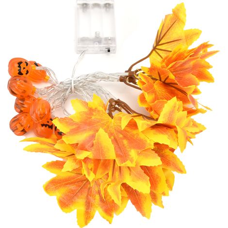 Guirlande lumineuse LED jaune à feuilles d'érable, motif citrouille grimaçante, 20 LED, pour Halloween (1/5)