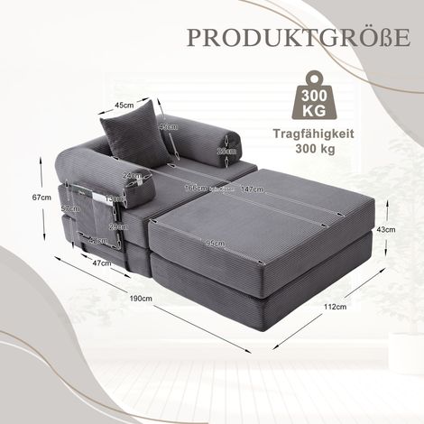 Fauteuil de compression velours côtelé avec repose-pieds, structure métallique, rembourrage épais, poche latérale, coussin inclus, 130x80x70cm