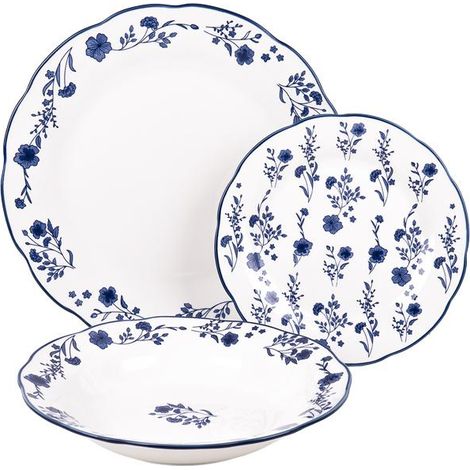VAJILLA DE PORCELANA CON DETALLE FLORAL AZUL ESMALTADO DE FORMA IRREGULAR 18 PIEZAS