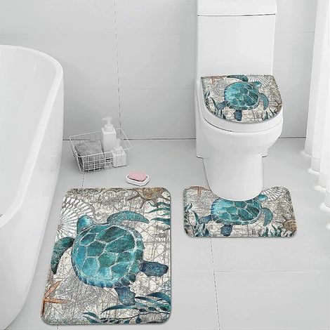 3-teiliges Set aus Badematten und -teppichen, rutschfeste Badematten, Retro-Badematte mit Meeresschildkrötenmotiv aus saugfähiger Mikrofaser mit Memory-Schaum, maschinenwaschbar (1/5)