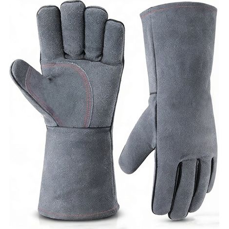 Gants résistants à la chaleur jusqu'à 350 °C, en cuir avec coutures renforcées, pour four à bois, barbecue et grill, taille unique, homme et femme, 40 x 14,5 cm, gris (1/5)