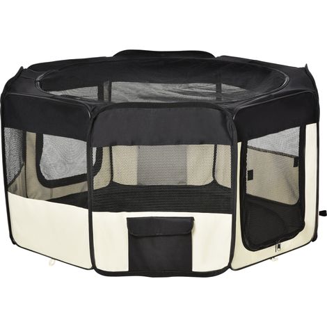 Parc pliable octogonal pour chien, chat et petits animaux, en toile Oxford et acier, diamètre 120 x hauteur 58 cm, noir et crème (1/5)