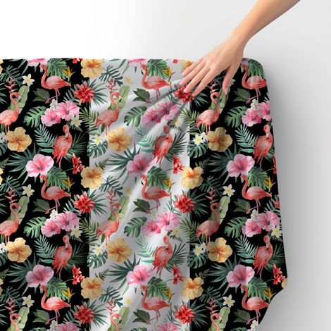 Tessuto Royal Velvet in poliestere per cucire - Motivo tropicale su sfondo bianco e nero (1/4)