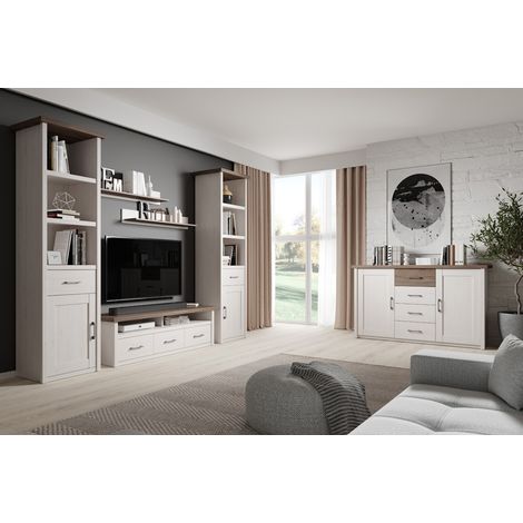 Wohnwand Wohnzimmer im Landhausstil LUND-78 in Pinie weiß Nb./Trüffel Eiche Nb., B/H/T: ca. 298/201/43 cm (1/5)