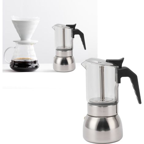 Multifunktionale, tragbare italienische Kaffeemaschine (200 ml) aus Edelstahl mit Doppelventil und hitzebeständiger Glaskaffeetasse. (1/5)