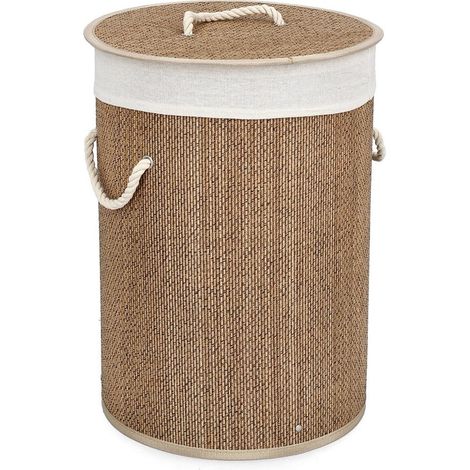 Panier à linge rond de salle de bain en bambou avec doublure beige 35x50 Zahara YES