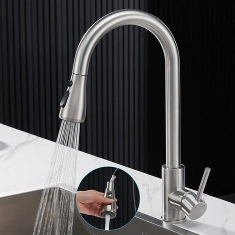 Küchenarmatur mit Ausziehbrause, Küchenmischer aus Edelstahl 304, hoher Auslauf, 360° schwenkbarer Spültischhahn mit 3 Einstellmöglichkeiten, gebürstete Oberfläche, Warm- und Kaltwasseranschluss (1/5)