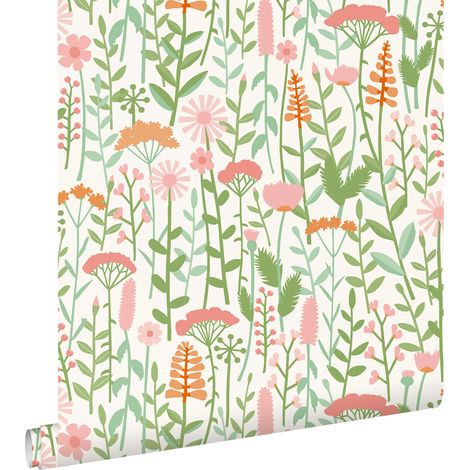 papier peint fleurs des champs vert et rose - ESTAhome (1/5)