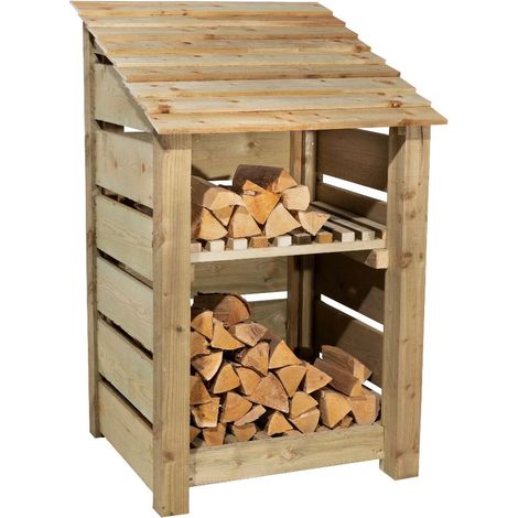 Wooden log store, Slatted timber storage with kindling shelf (W-79cm, H-126cm, D-88cm) natural finish